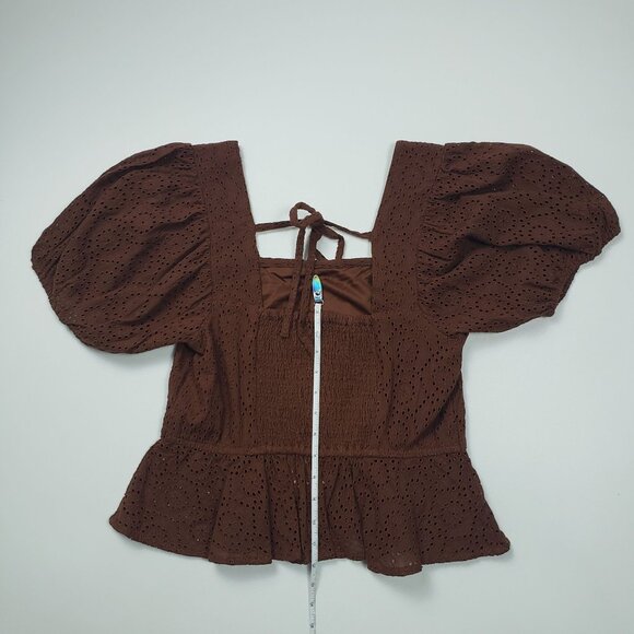BOG Band Of The Free Eyelet Crop Top Women Medium Walnut Brown Boho Puff Sleeves - Picture 8 of 16